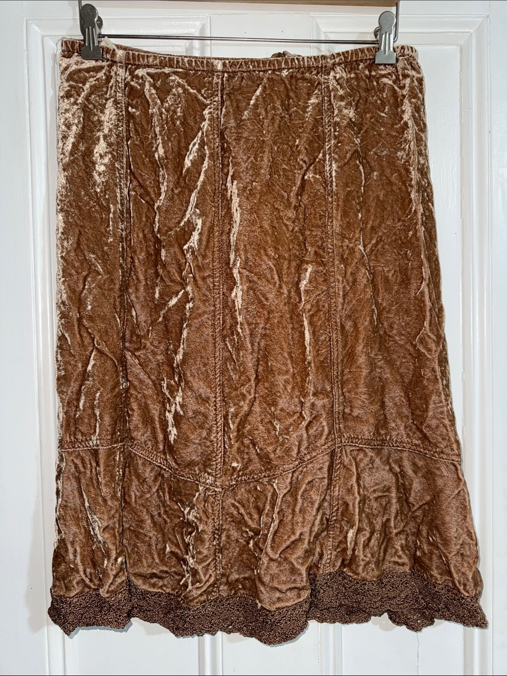 J. Jill Vintage 90s Y2K Brown Crushed Velvet Midi Skirt Crochet Hem Size M